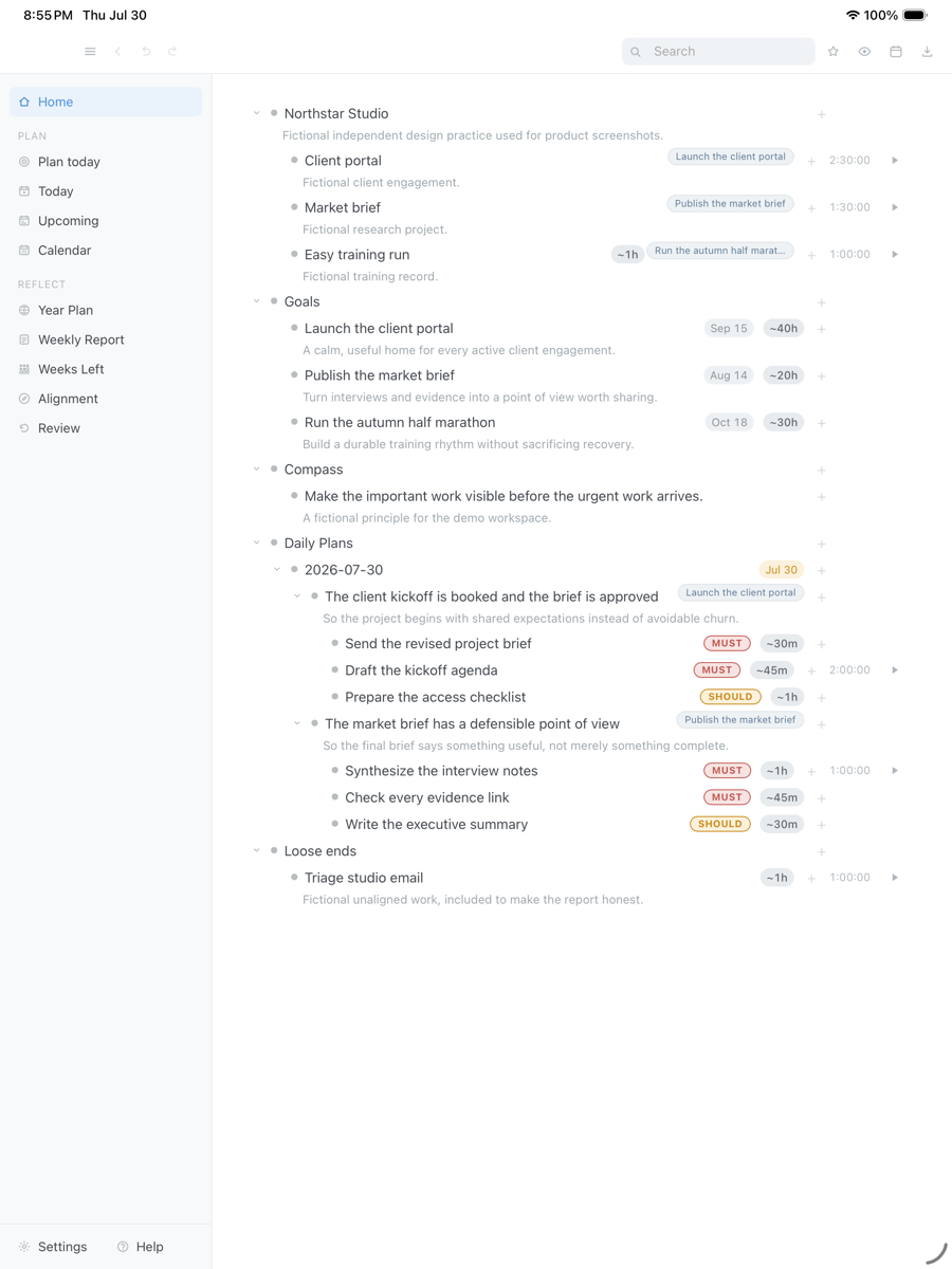 DayPrivate outline with two fictional daily outcomes, their actions, priorities, and time estimates